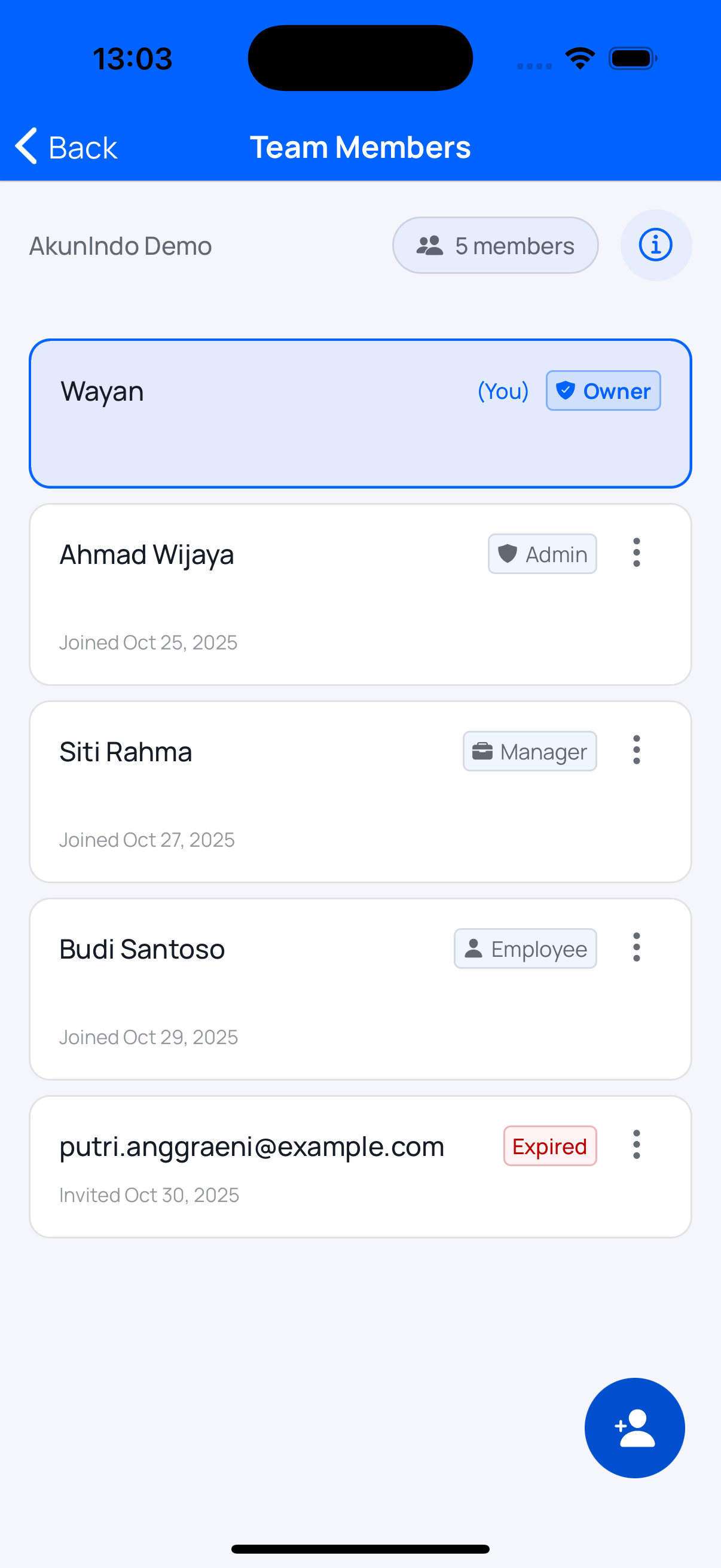 Team members screen